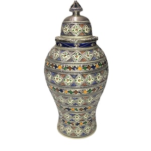 Antique Moroccan Ceramic Vase, home decoration, vase for home, encrusted with the ceramic nickel silver, hand painted vase, pottery vase,