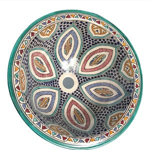 Moroccan Round Washbasin, Ceramic Handmad Paint Sink, Hand Painted Pottery Évier, Lavabo en Céramique Marocain, Marokkanische Waschbecken