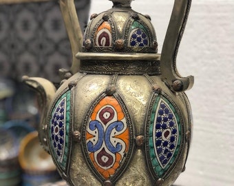 Morocco kettle ceramic, Vintage Moroccan Teapot Earthenware Pot Metal Filigree Decorative Pot Home Decor Gift