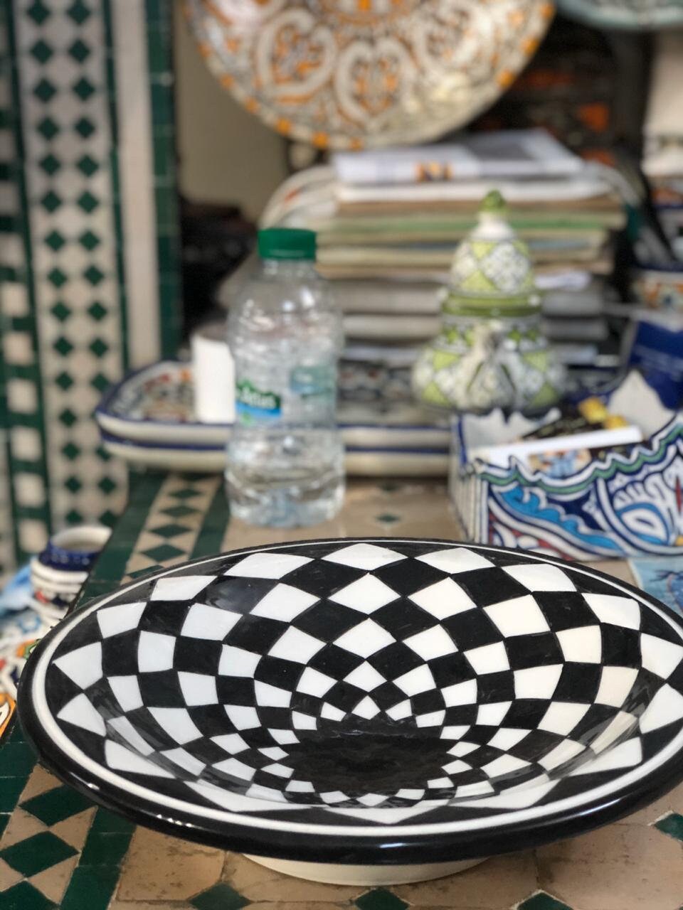 Pottery Plate Ceramic Dishes |Moroccan Antique Art Nouveau Transferware Dinner Plate, Black & White 
