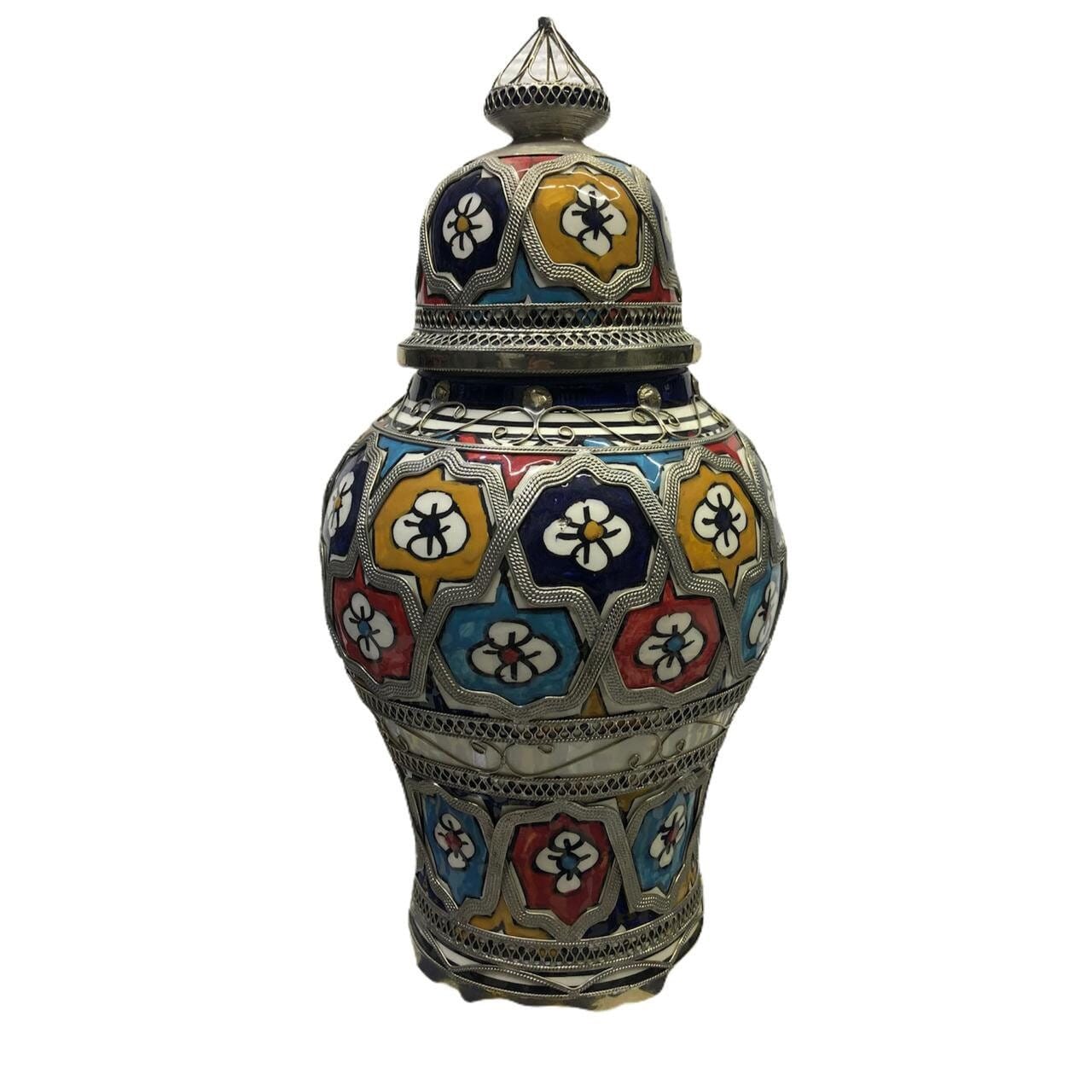Antique Moroccan Ceramic Lidded Vase From Fez With Silver Filigree, Multicolor Footed , Moorish Moro