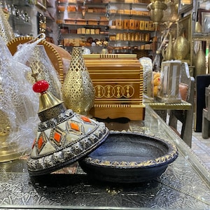 beautiful Moroccan ceramic tagine serving, art handmade and painted dish. Decorated tagine, handmade Moroccan tagine but nor for cooking
