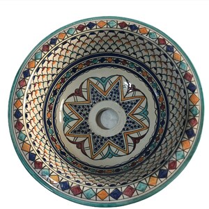 Moroccan Round Washbasin, Ceramic Handmad Paint Sink, Hand Painted Pottery Évier, Lavabo en Céramique Marocain, Marokkanische Waschbecken
