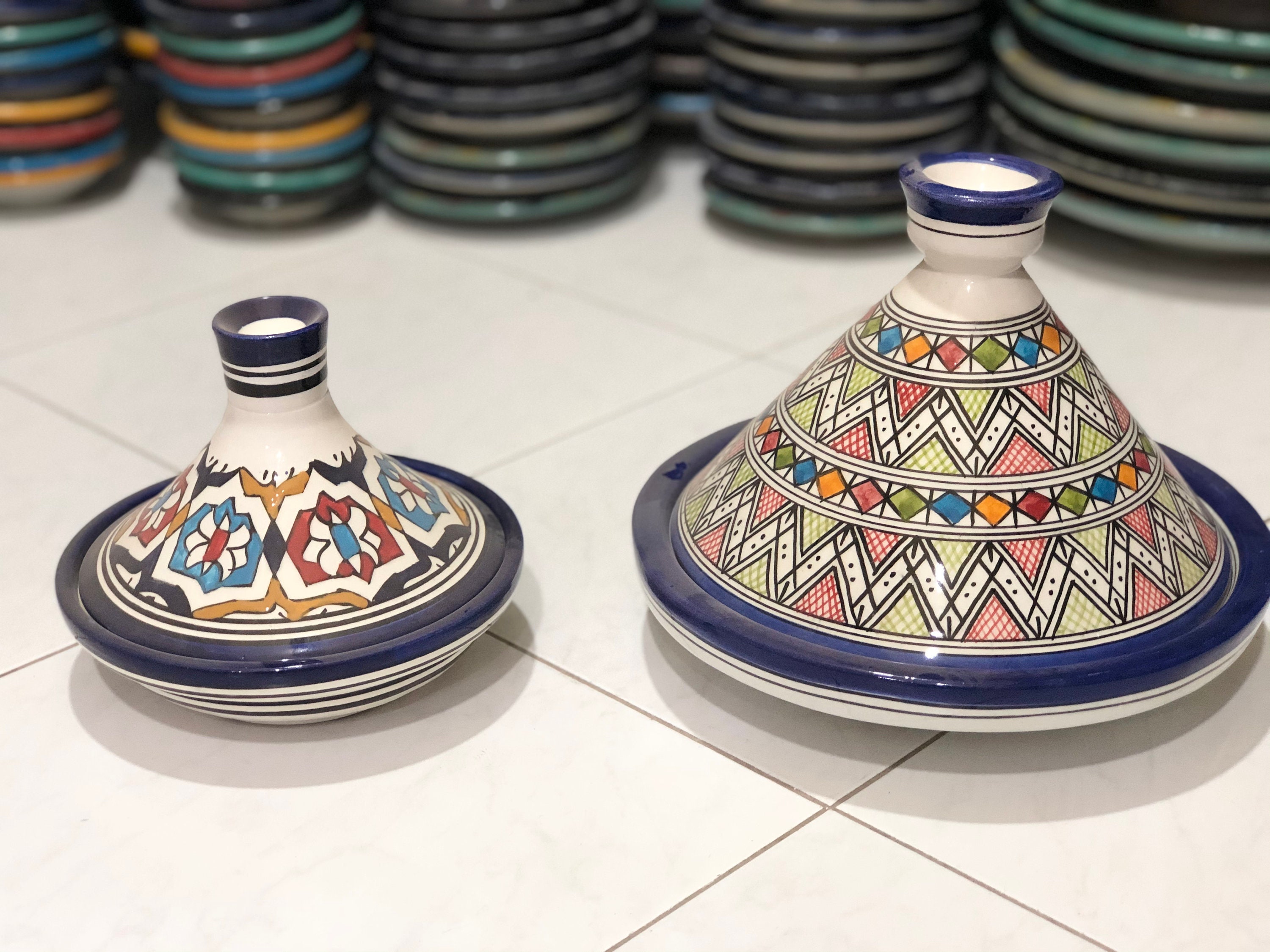 Unique Hand Painted Large Tagine Pot | Food Safe Colourful & White Clay Ceramic Glazed Moroccan Berb