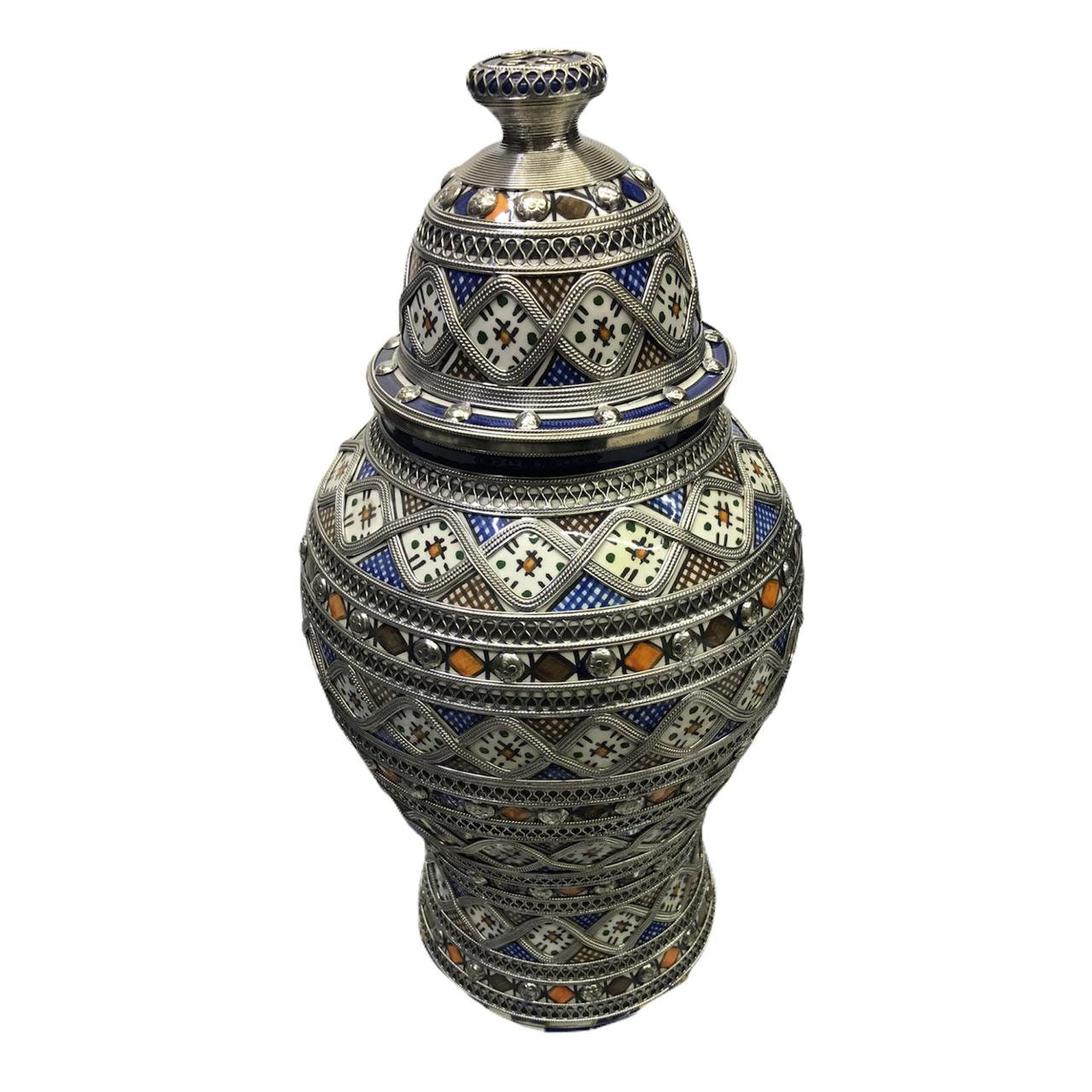 Antique Moroccan Ceramic Lidded Vase From Fez With Silver Filigree, Multicolor Footed , Moorish Moro