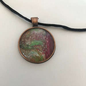 Liquid Art Pendant, Unique wearable art, statement jewelry, custom, hand painted, acrylic pour jewelry, black adjustable nylon cord