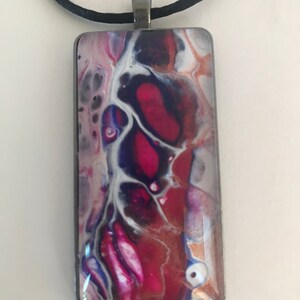 Abstract Rectangle liquid art, Unique, custom, hand painted, acrylic pour jewelry, black adjustable nylon cord