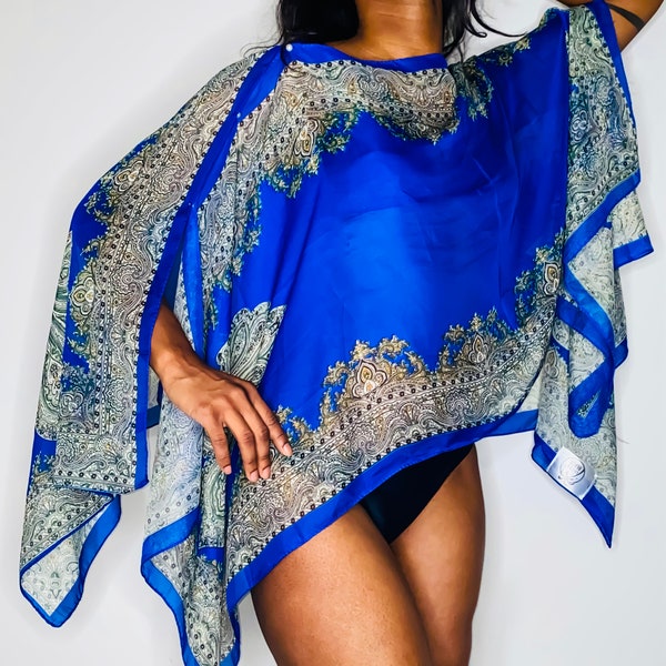 Versatile Sheer Chiffon Beach Cover Up, Swimsuit Scarf, Beachwear Wraps, Bikini Shawl, Boho Paisley Scarves, Kimono Kaftan Cover, Royal Blue