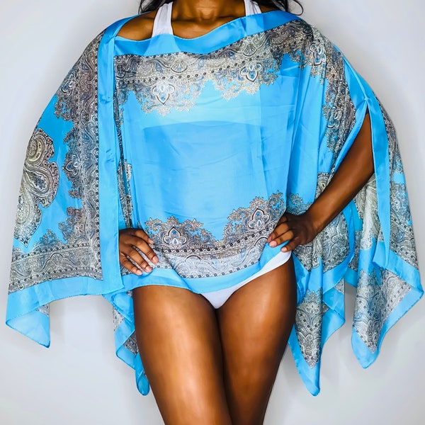 Versatile Sheer Chiffon Beach Cover Up, Swimsuit Scarf, Beachwear Wraps, Bikini Shawl, Boho Paisley Scarves, Kimono Kaftan Cover, Sky Blue