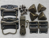 Set of bronze accessories for wooden chest, suitcase, box, bag case, handmade jewelry box decorative handles hinges lock latches corners