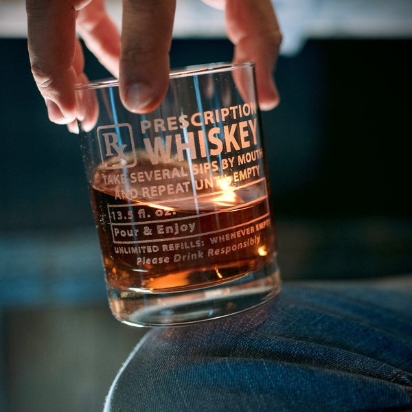 Prescription Whiskey, Engraved Whisky Glass, Laser Engraved Whiskey Glass, Bachelor, Pharmacist, Guy Gift, Rocks Highball Glass