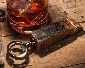 Reclaimed Bourbon Barrel Bottle Opener, Whiskey Barrel, Solid Oak, Reclaimed Wood, Groomsman Gift, Rustic Modern Bar, Home Bar