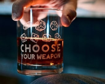 Choose Your Weapon Whiskey Rocks Glass, Dungeons and Dragons Gifts, D&D Dice Set, D20