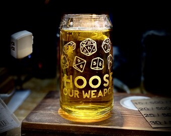 Choose Your Weapon Beer Glass, Dungeons and Dragons Gifts, D&D Dice Set