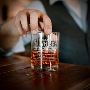 Op de afbeelding: Een helder glas met de tekst "Prescription Whiskey" gegraveerd aan de zijkant. Het glas is gevuld met amberkleurige vloeistof en ijsblokjes. De tekst op het glas luidt "Neem meerdere slokjes door de mond en herhaal tot het leeg is. 13,5 fl. oz. Giet in en geniet. Onbeperkt bijvullen: Wanneer u maar wilt. Drink verantwoord."