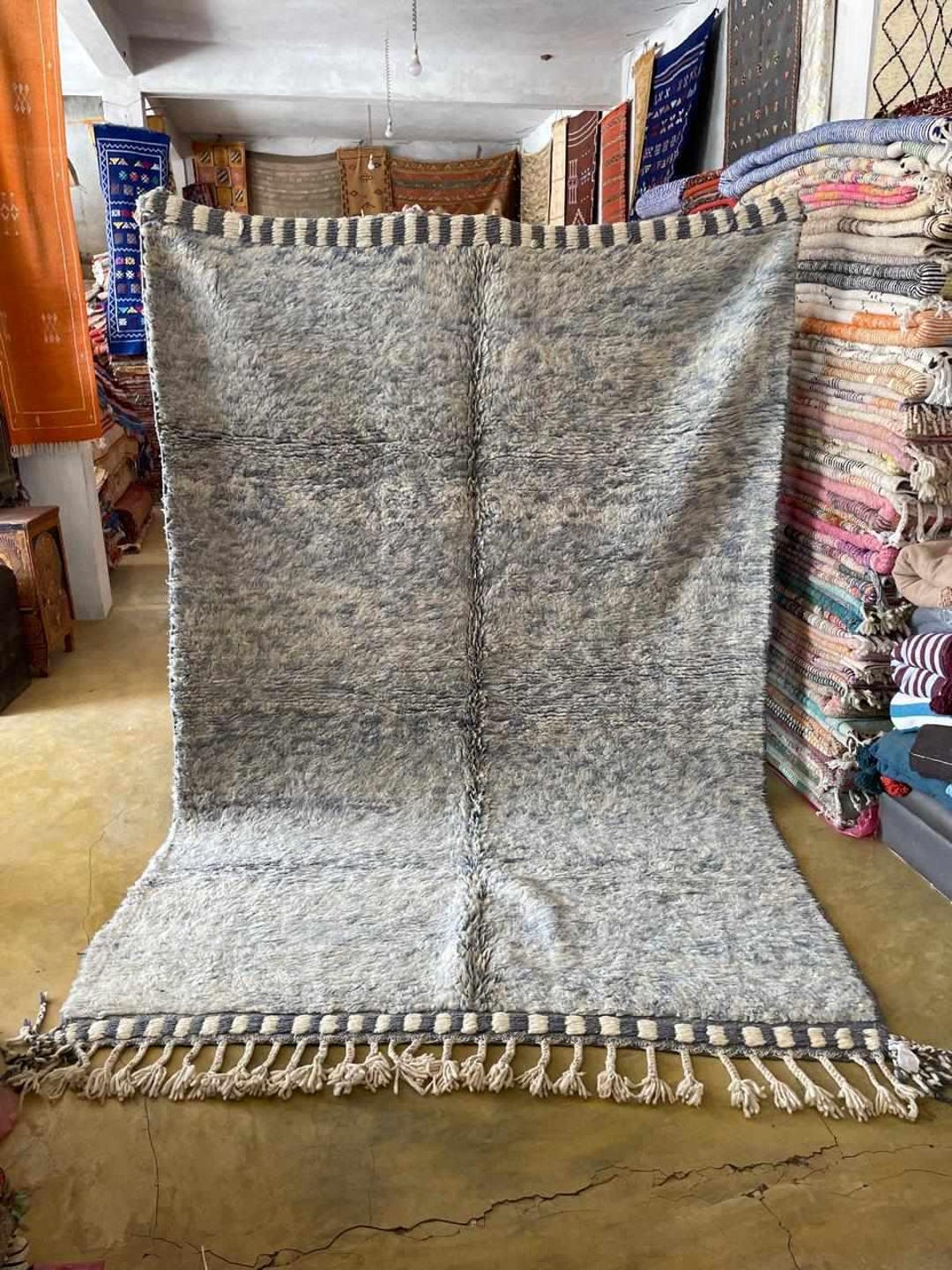 Tapis Marocain Berbère Beni Ourain – 6.5x9.5 Ft – Laine Blanc Cassé – Fait Main