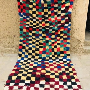 Alfombra a cuadros de colores de 5x10, alfombra marroquí arcoíris, alfombra bohemia, alfombra amarilla y azul, alfombra abstracta, alfombra marroquí, alfombra hecha a mano, alfombra bereber