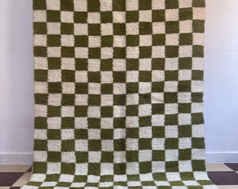 Handmade Moroccan Checkered Rug, Green and White Beni Ourain Style Carpet