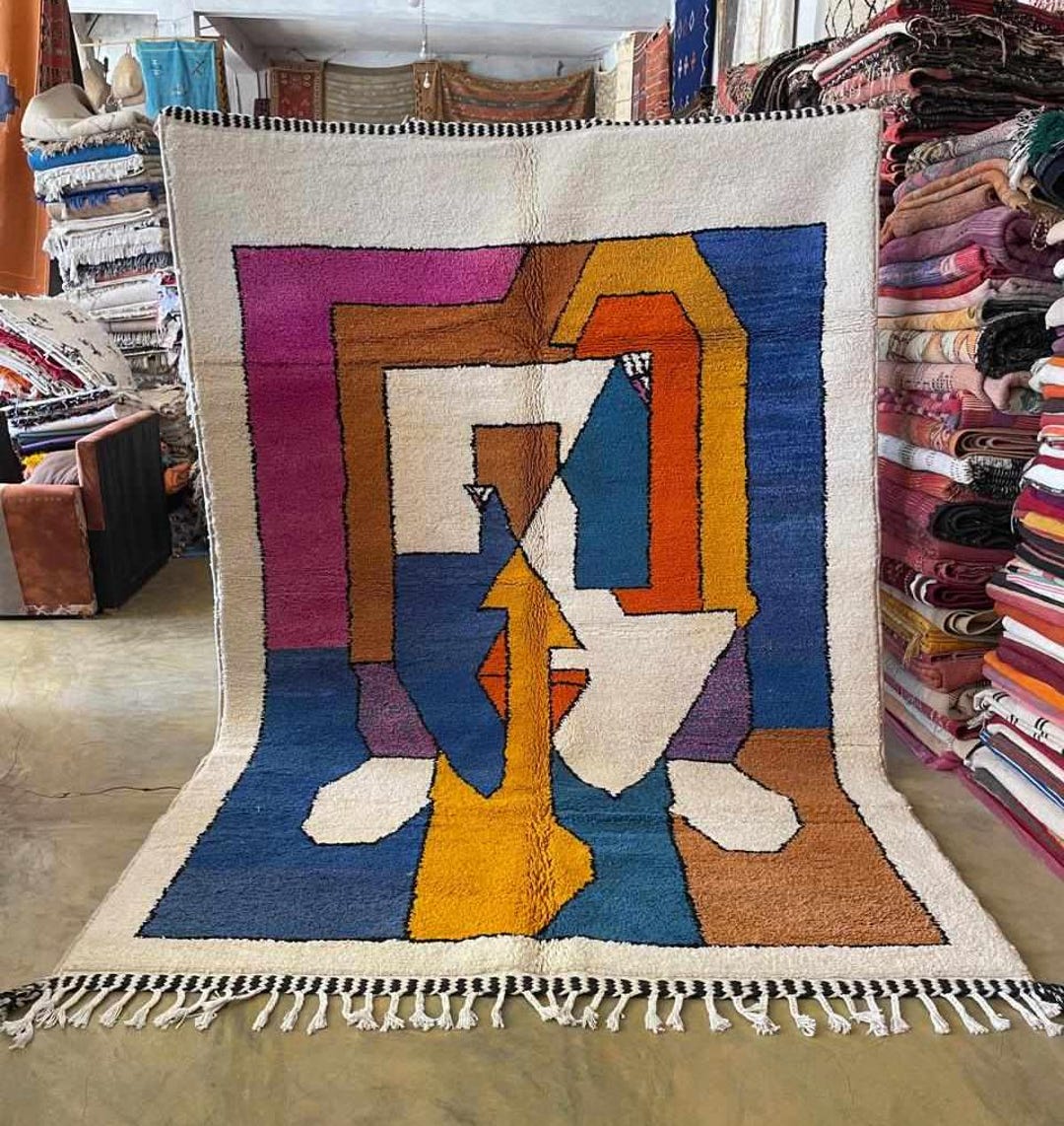 Beni Ourain 7x9.8 Rug, Artistic Colorful Moroccan Rug, Geometric