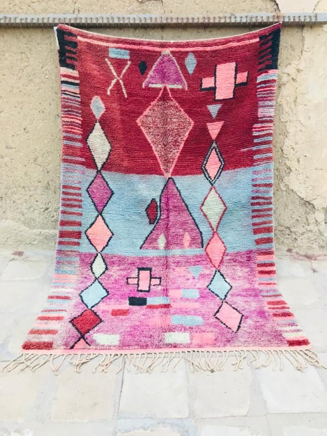 Red and Purple Boujaad Rug 6x9, Blue Moroccan Rug, Pink Rug, Designer