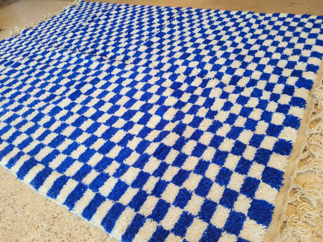 Checkered Blue Rug 7x9, Moroccan Large Rug, Checkered White Rug for ...