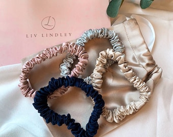 Pure Mulberry SILK SCRUNCHIES UK. Skinny Scrunchies 4 Pack. 22 Momme, 100% Silk. Anti-breakage, Anti-Frizz. Everyday Luxury Scrunchie.