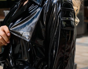 Women Fashion Coat Patent Leather Bright Bread Down Zipper Pockets URIBAKE