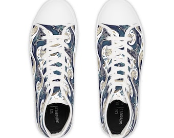 Zapatillas altas azul marino con estampado de ondas paisley / Zapatillas de lona con estampado floral en espiral