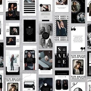 May include: A collection of Instagram story templates in black and white with geometric shapes, text, and images. The templates feature quotes, sale announcements, and product promotions.