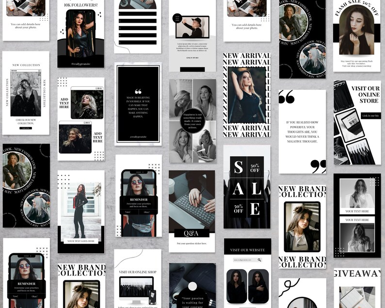 May include: A collection of Instagram story templates in black and white with geometric shapes, text, and images. The templates feature quotes, sale announcements, and product promotions.