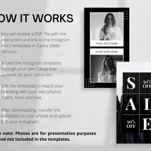May include: Black and white Instagram story templates for a sale. The templates feature a sale announcement with the text "SALE" and "50% OFF".