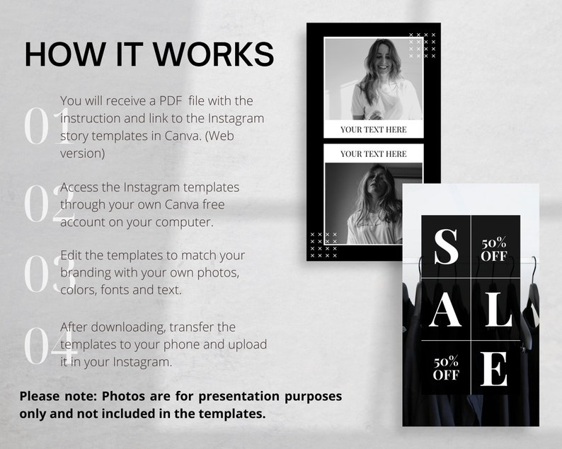 May include: Black and white Instagram story templates for a sale. The templates feature a sale announcement with the text "SALE" and "50% OFF".