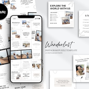 Instagram Puzzle Vorlage für Canva, Reise Instagram Vorlage, Canva Vorlagen, Weiß Instagram Feed Layout, Weiß und Schwarz, Reisebüro