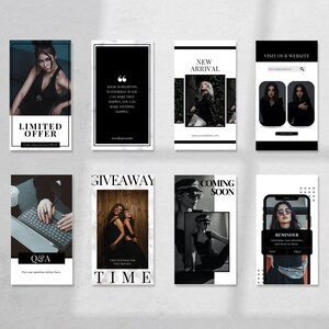 May include: A collection of nine Instagram story templates in black and white with text overlays. The templates feature images of people, quotes, and product information. The text includes "Limited Offer", "New Arrival", "Giveaway", "Coming Soon", "Q&A", "Visit Our Website", and "Reminder".