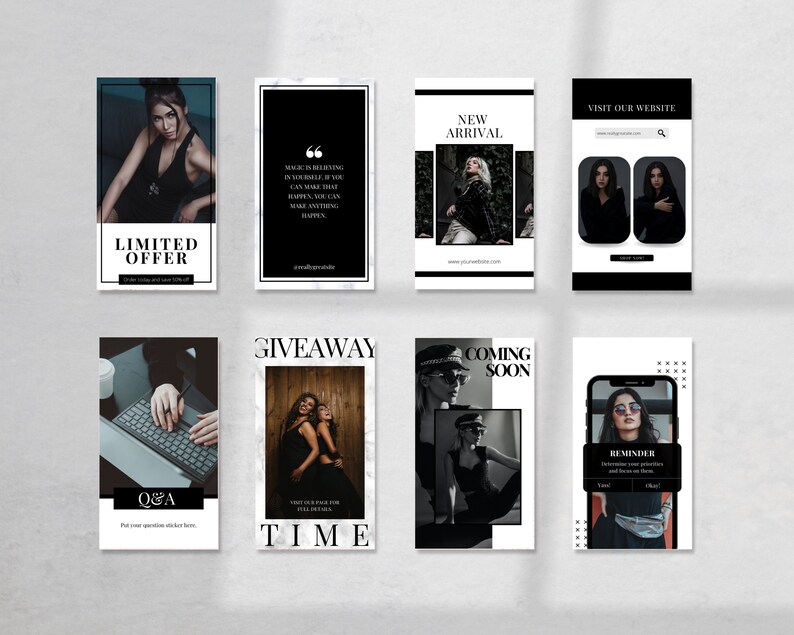 May include: A collection of nine Instagram story templates in black and white with text overlays. The templates feature images of people, quotes, and product information. The text includes "Limited Offer", "New Arrival", "Giveaway", "Coming Soon", "Q&A", "Visit Our Website", and "Reminder".