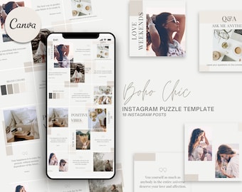 Boho Chic Instagram Puzzle Template: Neutral Beige (Canva, 18 Posts)