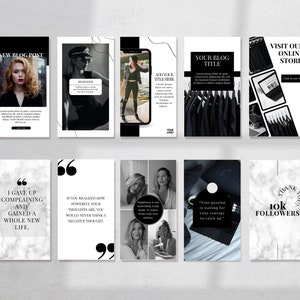 May include: A collage of nine Instagram story templates in black and white with inspirational quotes and text overlays. The quotes include "I gave up complaining and gained a whole new life." and "If you realized how powerful your thoughts are, you would never think a negative thought."