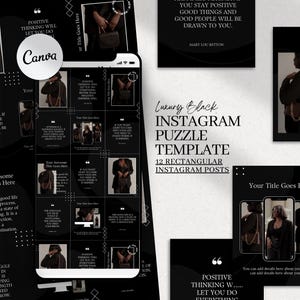 Instagram Puzzle Feed Template. Bearbeitbar in Canva. Rechteck Instagram Post. 12 Vertikale Ästhetische Instagram Canva Vorlage. Luxus Schwarz