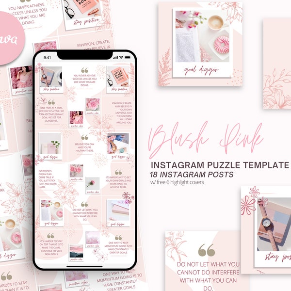 Instagram Puzzle Template for Canva, Instagram Template, Canva Templates, Instagram Feed, Instagram Posts, Instagram Grid, Blush Pink Puzzle