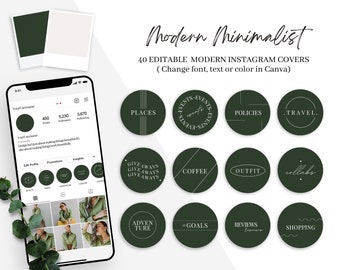 Op de afbeelding: Een set van 40 bewerkbare Instagram-storycovers met een modern minimalistisch ontwerp. De covers zijn donkergroen met witte tekst en lijnen. De tekst bevat zinnen zoals "Places", "Events", "Policies", "Travel", "Giveaways", "Coffee", "Outfit", "Collabs", "Adventure", "#Goals", "Reviews" en "Shopping".