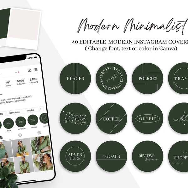 Editable Minimalist Instagram Story Covers. Green Instagram Story Covers. DIY Instagram Highlight Covers. Modern Text. IG Branding