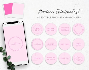 May include: A set of 40 pink Instagram story covers with text in black. The covers feature various topics such as wellness, adventure, mindset, goals, skin care, home, services, policies, price list, discounts, and giveaways.