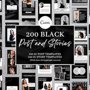200 Social Media Templates, Instagram Post + Instagram Story Bundle, Templates for Canva, Black Luxury Insta Bundle, Social Media Bundle
