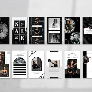May include: A collection of 10 Instagram story templates in black and white with geometric shapes, text, and images of people. The text includes "Sale 50% off", "Things I'm grateful for", "Thank you 10k followers", and "Testimonial".