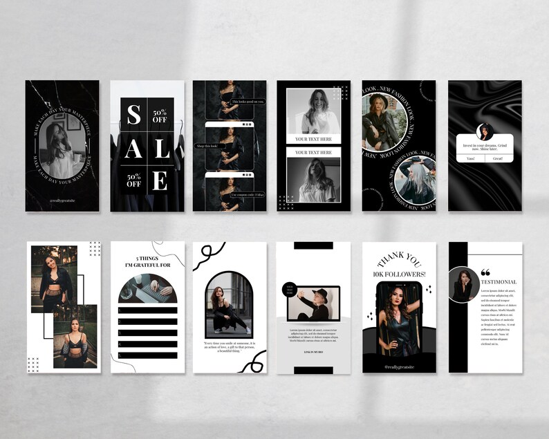 May include: A collection of 10 Instagram story templates in black and white with geometric shapes, text, and images of people. The text includes "Sale 50% off", "Things I'm grateful for", "Thank you 10k followers", and "Testimonial".