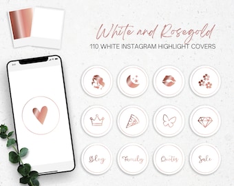 Pode incluir: Conjunto de 110 capas de destaque do Instagram brancas com detalhes em ouro rosa. As capas apresentam vários ícones, incluindo um coração, uma coroa, uma fatia de pizza, uma borboleta, um diamante, uma lua, estrelas, lábios, flores e texto que diz "Blog", "Família", "Citações" e "Venda".