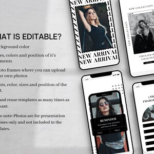 May include: Four phone screen mockups with black and white graphic designs. The designs include text such as "New Arrival", "New Collection", "Reminder", and "7 Things I'm Grateful For".