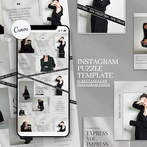 Instagram Puzzle Feed Template. Bearbeitbar in Canva. Rechteck Instagram Post. 12 Vertikale Ästhetische Instagram Canva Vorlage. Luxus Schwarz