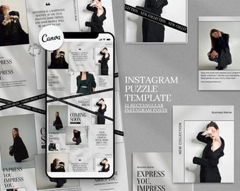 Könnte beinhalten: Eine digitale Instagram-Puzzle-Vorlage mit 12 rechteckigen Beiträgen. Das Design zeigt eine Frau in einem schwarzen Blazer mit dem Text "Express You. Impress You." und "New Collection." Das Canva-Logo ist ebenfalls sichtbar.