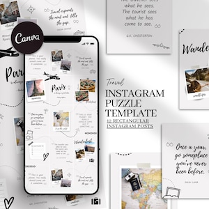 Puede incluir: Una plantilla de rompecabezas de Instagram con temática de viajes con 12 publicaciones rectangulares. El diseño presenta citas, fotos e ilustraciones relacionadas con viajes, incluyendo una maqueta de smartphone, iconos de avión y maleta. La combinación de colores es principalmente blanco y negro.